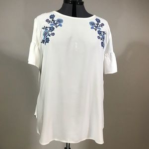 NWT Loft White  Blouse with Blue Embroidery